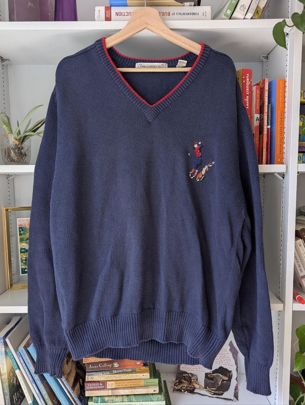 Vintage V-Neck Sweater Navy Red Trim Novelty Golf Embroidered Cotton Size XXL